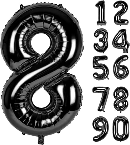 LAPONO Ballon Chiffre 8 Anniversaire Noir Brillant, Ballon Aluminium Géant 91 × 54 cm, Gonflable à l’Air ou Hélium, Valve Auto-scellante, Décoration Anniversaire Fête Photo pour 8, 18, 28 ou 80 Ans