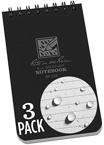 Rite in the Rain Weatherproof Top Spiral Notebook, 3 x 5, Black Cover, Universal Pattern, 3 Pack (No. 735-3X)