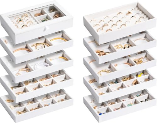 ProCase Portagioie da Cassetto Impilabile Set di 10, Vassoi per Gioielli, Organizer Gioielli da Cassetto per Orecchini, Collane, Bracciali, Orologi - Medio, Bianco