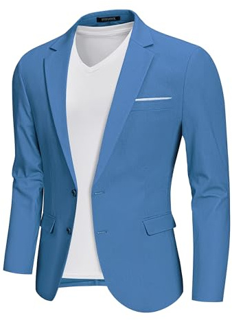 Hihawk Herren Leinenblazer, zwei Knöpfe, schmale Passform, lässige Anzugjacke, täglicher leichter Sportmantel, Hell, blau, L