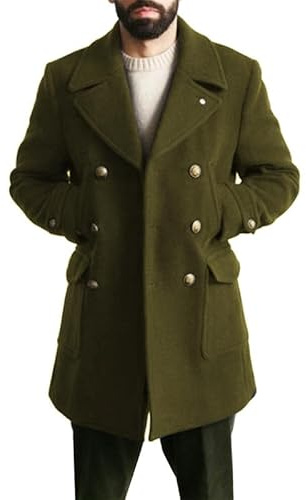 WAIDFU Gabardina clásica para hombre, con 2 botones; mezcla de lana, acolchada, con solapa, guisante, gabardina, verde, M