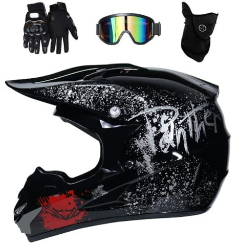Volles Gesicht Motocross-Helm Satz, Jugend Kind Offroad ATV Roller MTB Motorrad Absturz Helm, Downhill Enduro BMX Dirtbike Helm Schutzausrüstung, mit Brille Handschuhe Maske(B,L/56-57CM)