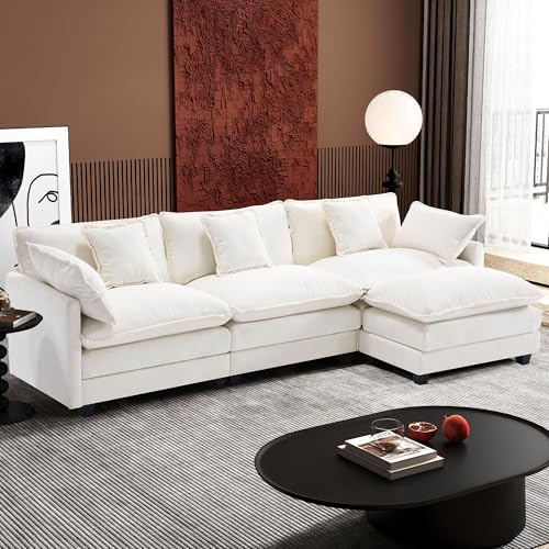 Ihanherry 111.4 L Shaped Modern Sofa Modular Sectional Cloud Couch with Ottoman, 4-Seat Chenille Deep Seat Sofa with Pillow for Living Room, Bedroom and Apartment, Beige