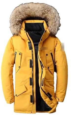 Vestes d'hiver à capuche longues pour hommes Manteaux en duvet de canard Manteau d'extérieur coupe-vent chaud décontracté Parkas d'hiver, jaune, L