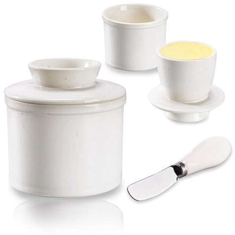 Beurrier à Eau, Beurrier Français en Céramique avec Couvercle et Couteau à Beurre, Cloche à Beurre Refroidi pour Beurre Frais et Tartinable, Design Vintage