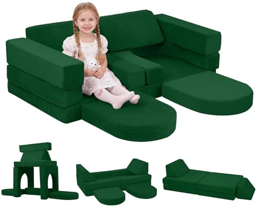 MeMoreCool Fancy - Divano da gioco per bambini in corda, 10 pezzi, modulare per la stanza dei giochi, gruppo di seggiolini trasformabili, in gommapiuma, per cameretta dei bambini, colore: verde