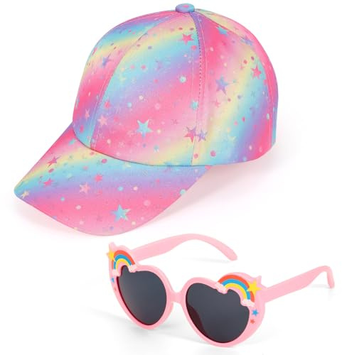 Cappellino Baseball e Occhiali da Sole Bambina, Cappellini con Visiera Regolabile Berretto Estivo da Spiaggia con Stelle Arcobaleno Occhiali da Sole Cuore Colorato Cappello Trucker per Bambini