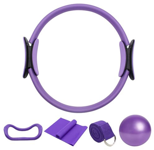 PinDaito Ensemble d'anneaux de Pilates, Incluant Ballons de Yoga, Sangles de Yoga et Bandes de Fitness, Accessoires de Gymnastique Portables pour La Maison, Idéal pour la Maison et Le Studio (Violet)