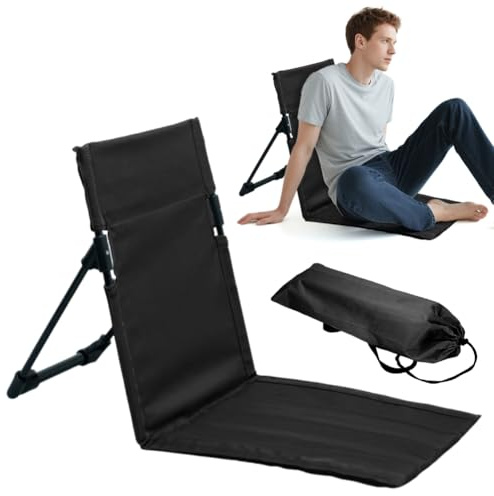 Fouvin Faltbare Strandmatte mit Rückenlehne, Sonnenliege Klappbar Strandliege Klappbar Leicht, Bodenstuhl Outdoor, Strandstuhl für Camping, Garten, Konzerte, Picknick, Hinterhof (Schwarz)