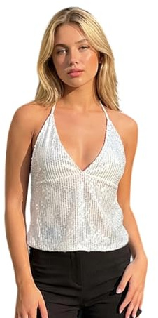 Felcia Women's Deep V Halter Neck Cami Tops Sparkly Sequin Backless Top Summer Sleeveless Outwear Camisole