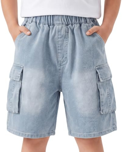 Keyck Short Baggy Garçon Cargo Enfant Jean Denim Pantalon Court 7-15 Ans | Été Taille Élastique, avec Multiples Poches, Loose Fit, Respirant Décontracté Large Streetwear Ample Jeans pour Ado Garcon