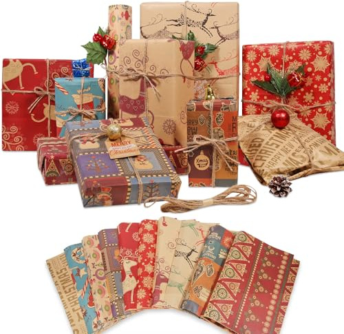 12 Sheets Christmas Wrapping Paper - 70x50cm Thick Kraft Gift Wrap Set with 10m Jute Twine & 10 Tags - 10 Rustic Designs (Reindeer, Snowman, Typography) - Recyclable Folded Paper for Xmas Presents