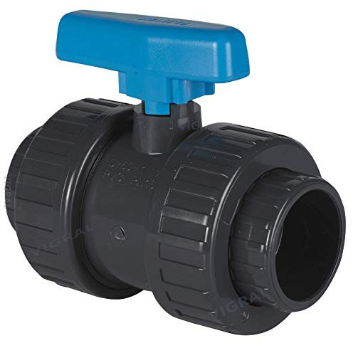 Plimat PVC Kugelhahn Klebefitting mit 2X Klebemuffe/Verschraubung 16 bar - grau/blau (50mm)