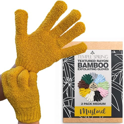 Temple Spring Shower Gloves Exfoliating for Women β Natural Textured Rayon Bamboo Exfoliating Glove with Thicker Weave for Deep Cleansing, Dead Skin Removal & Smooth Radiant Skin (1 Pair, Mustard)
