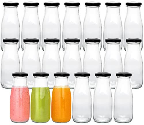 12 oz Glass Bottles, Clear Glass Milk Bottles with Black Metal Airtight Lids, Vintage Breakfast Shake Container, Vintage Drinking Bottles with Whiteboard Labels and Pen for Party,Kids,Set of 20