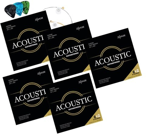 Cordes Shaman pour Guitare Western - 5 Jeux de Cordes en Acier Premium pour Guitare Acoustique - Set 6+2 Cordes avec 3 Médiators, corde G et corde Mi aiguë extra haute