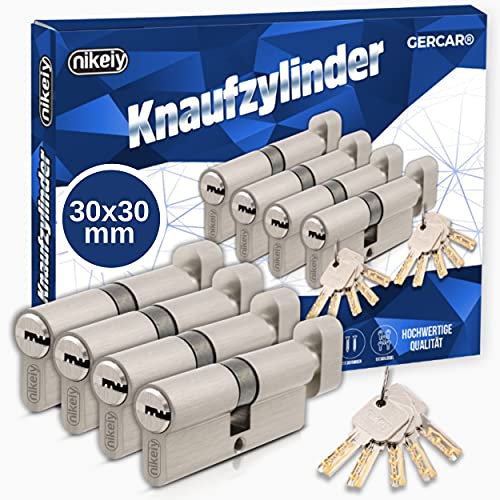 GERCAR Pro 4er Set Knaufzylinder gleichschließend 60mm Schließzylinder mit Knauf 30/30 Zylinder - Messing matt Massiv - inkl. 10 Schlüssel - Wendeschlüssel - Länge: 60 mm, A:30 B:30-4x