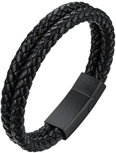 ChainsHouse Mens Bracelet Leather Braided, Black Rope Leather Bracelet for Men Women, 19cm