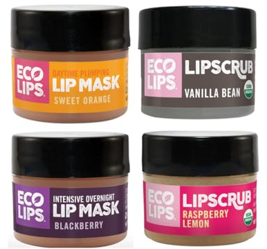 Eco Lips Organic Sugar Lip Scrub, Plumping Lip Mask & Overnight Intensive Lip Mask for Chapped Lips 4-Pack (0.25 oz. each) – 100% Natural