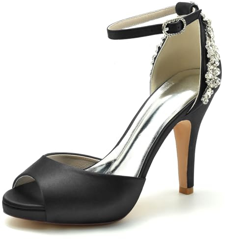 Speesy Zapatos Novia con Punta Abierta de Satén Zapatos Mujer Tacon Correa de Tobillo Zapatos de Boda Zapatos Boda,Negro,42 EU