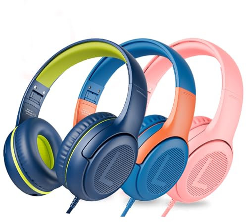 awatrue Auriculares para Niños con Cable（3 Packs, Auriculares Infantiles con Límite de Volumen 85 / 94db, Auriculares Hijos con Micrófono para Aprender Música Viajar