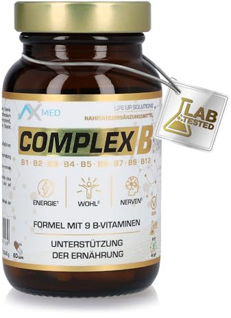 AX-MED Vitamin B Komplex - 9-Vitamin-Formel | 60 Kapseln, 60 Tage | Unterstützt Energiestoffwechsel, Stimmung, Gedächtnis & Konzentration | Mit B12, B12| Nahrungsergänzungsmittel
