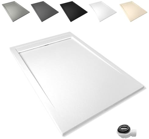Plato de Ducha Antideslizante y Antibacteriano, Plato Ducha Resina Resistente a Agentes Químicos, Incluye Rejilla Desagüe Ducha y Válvula (Ral 9003 BLANCO, 80 x 140)