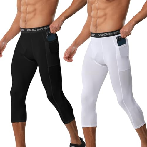 NuCamper 3/4 Kompressionsbyxor För Män, Fickor Atletisk Tights, Herr Löparbyxor Långa, Fitness Leggings, Snabbtorkande, Funktionella, Termisk, För Träning Löpning Fitness Jogging Sporter Gym Basket