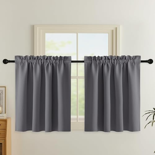 PONY DANCE Rideau Occultant Passe Tringle - Rideau Court Brise- Bise Décoration de Petite Fenêtre, Opaque Panneaux Anti Regard pour Placard/Cuisine/sous Evier, Gris, 2 Pièces, L140xH90cm