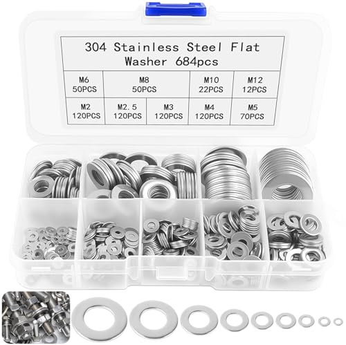Muyohix 684 Pièces Rondelles Metal, Rondelles Plates Inoxydable, Rondelles Entretoises Rondes avec 1 Boîte D'Assortiment, pour L'étanchéité Vis et Boulons, 9 Tailles - M2 M2.5 M3 M4 M5 M6 M8 M10 M12