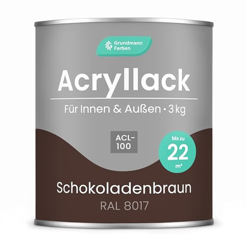 Grundmann Acryllack ACL 100 - Dunkelbraun 3 Kg - 4in1 Lack inkl. Grundierung - Innen und Außen - Für Holz, Metall, Stein & Kunststoff - Schokoladenbraun RAL 8017