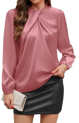 PASUDA Chemisier Femme Satin Blouse Chic et Élégant à Manches Longues Haut Col Noué Ample Chemise Couleur Unie Tunique Top de Soiree Bureau Business Fête (Rose Foncé, XL)