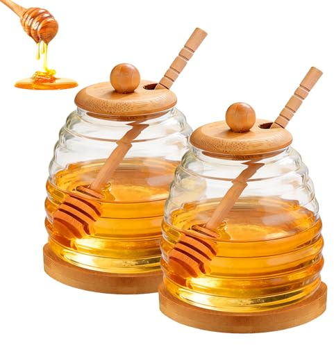 GOMETY 2 tarros de cristal para miel de 500 ml, tarro de miel con cuchara de miel, dispensador de miel de cristal con tapa de madera y base de madera, tarros transparentes para miel, recipiente para