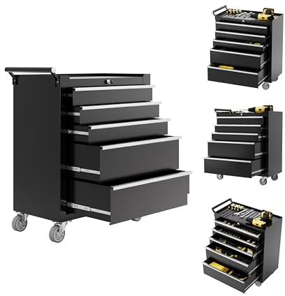 IDEALHOUSE Rolling Tool Chest, 5 Drawers Tool Storage Cabinet, Toolbox with Wheels, Portable Tool Cabinet Organizer with Locking System & Drawer Liners, Tool Storage Cart for Garage, Workshop, Black