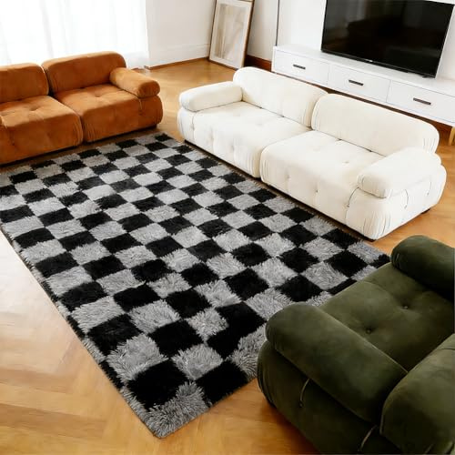 Matta rutig, fluffig hög lugg, tvättbar, halkfri matta, vardagsrum, modern, lurvig, mjuk stor matta, matta för sovrum, barnrum, 140 x 200 cm, grå och svart