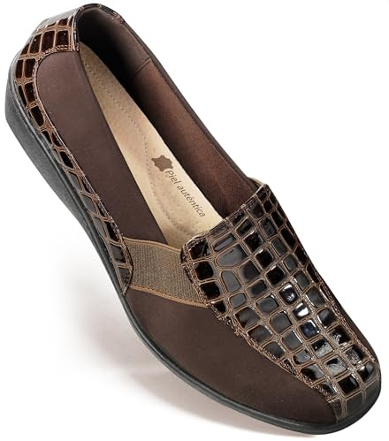 GALERIA DEL COLECCIONISTA Zapatos Alto Confort señora Horma Extra-Ancha Especial. Fáciles de Poner: Ajustables. Plantilla Piel, Suela Antideslizante, cómodo Tacón de Cuña: Flexibles y Elegantes
