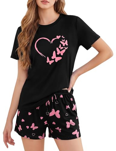 Leversic Pyjama Court Femme Été Coton, Haut Manches Courtes et Short | Léger et Confortable, Cet Ensemble d'Été en Coton Avec Haut Imprimé Cœur et Short Rayé Est Idéal Pour Dormir