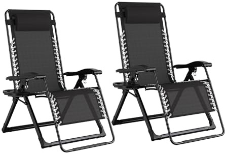 Dripex Lot de 2 Chaise Longue Jardin Exterieur, Transat Support 150kg-Noir | Pliante Inclinable, avec Plateau, Tête Amovible