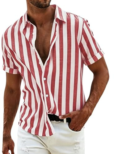 Herr bomull linne skjorta vertikala randiga kortärmade skjortor ledig knapp ner krage toppar lätt sommar semester strand normal passform t-shirt