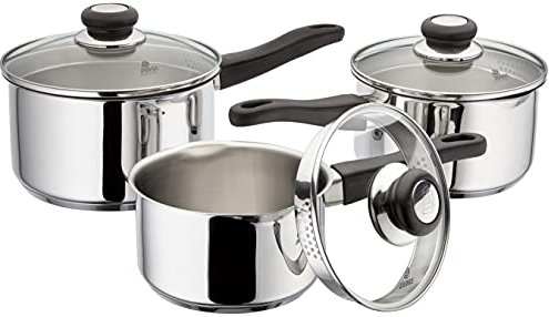 Judge Vista Draining Set of 3 Stainless Steel Pans, 16cm, 18cm & 20cm Saucepans with Pouring Lip and Strainer Lids, Induction Ready, Oven Safe, 25 Year Guarantee, Silver