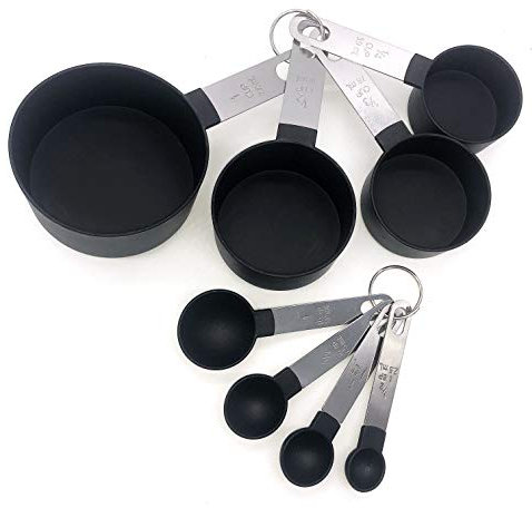 FONYA 8-Piece Black Measuring Tools - Nylon, 4 Measuring Cups / 4 Measuring Spoons with Metal Handles for Liquids and Solids