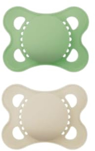 MAM Schnuller, 2-6 Monate, mit symmetrischem Sauger, flach und flexibel, aus Skin Soft Silikon, leicht anzunehmen, mit selbststerilisierender Box, Original, neutral matt, 2 Stück, Tag
