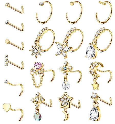 Milacolato 18Pcs 20G Piercing Nez Acier Chirurgical Anneau Femmes Hommes Acier Inoxydable Pavé CZ Rond Star Nez Stud L FOrme Fleur Ouvert Cerceau 8mm Argent Cartilage Daith Piercing Bijoux Set Or