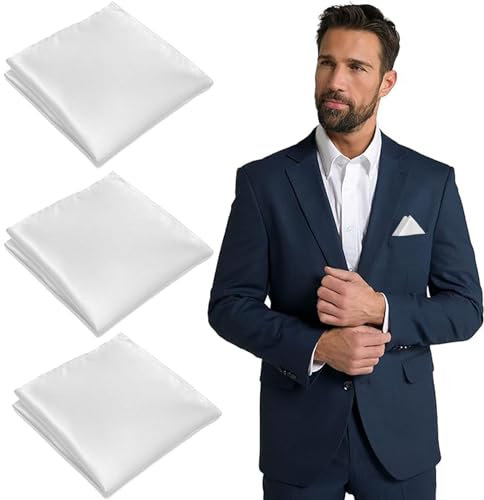 3 Stück Einstecktuch Weiß für Herren - Weiches Vorgefaltetes Stofftaschentücher Pochette Stecktuch für Hochzeits Tanz und Zeremonienpartys