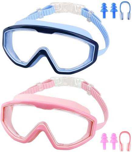 KIMIGO Schwimmbrille Kinder 4-12,2 Taucherbrille Kinder,Auslaufen verstellbare Silikon-Schwimmbrille,Panoramablick Anti-Nebel Kein Auslaufen Schwimmbrillen,Mit Nasenschutz, Ohrstöpseln und Brillenetui