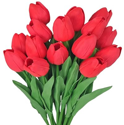 GIUSOBG Flores de tulipán Artificiales 15Pzs Tulipanes Artificiales en látex 34cm Flores Ramos de Tulipanes realistas para Ramos de Boda, Hotel (Rojo)
