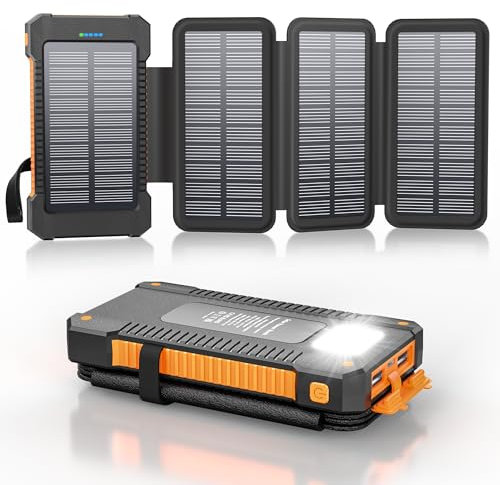 Cargador Solar 26800 mAh con 4 Paneles Solares, Power Bank Solar USB-C 18W de Carga Rápida, Baterías Externas al Aire Libre Impermeables IPX7 con luz de Linterna/SOS/Estroboscópica.