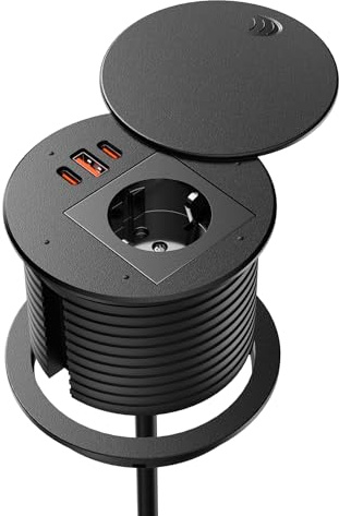 Ohuo Presa a scomparsa con USB-C 35W e USB-A 30W, Multipresa da Incasso Nero, Cavo da 1,8 m