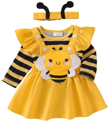 Geagodelia Conjunto de enterizo de manga voladora para niñas pequeñas con bordado de abeja/escarabajo, vestido en línea A, falda con tirantes y diadema, conjunto de 3 piezas de ropa para bebé niña