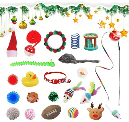 Katt adventskalender 2025, jul nedräkningskalender katt med olika leksaker för kattungar, halsband, neus fjäril, fjäderslipsar, leksaker, falska mus, klockor